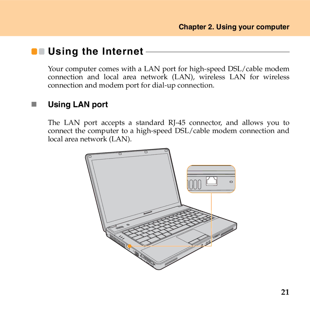 Lenovo G530 manual Using the Internet, „ Using LAN port 