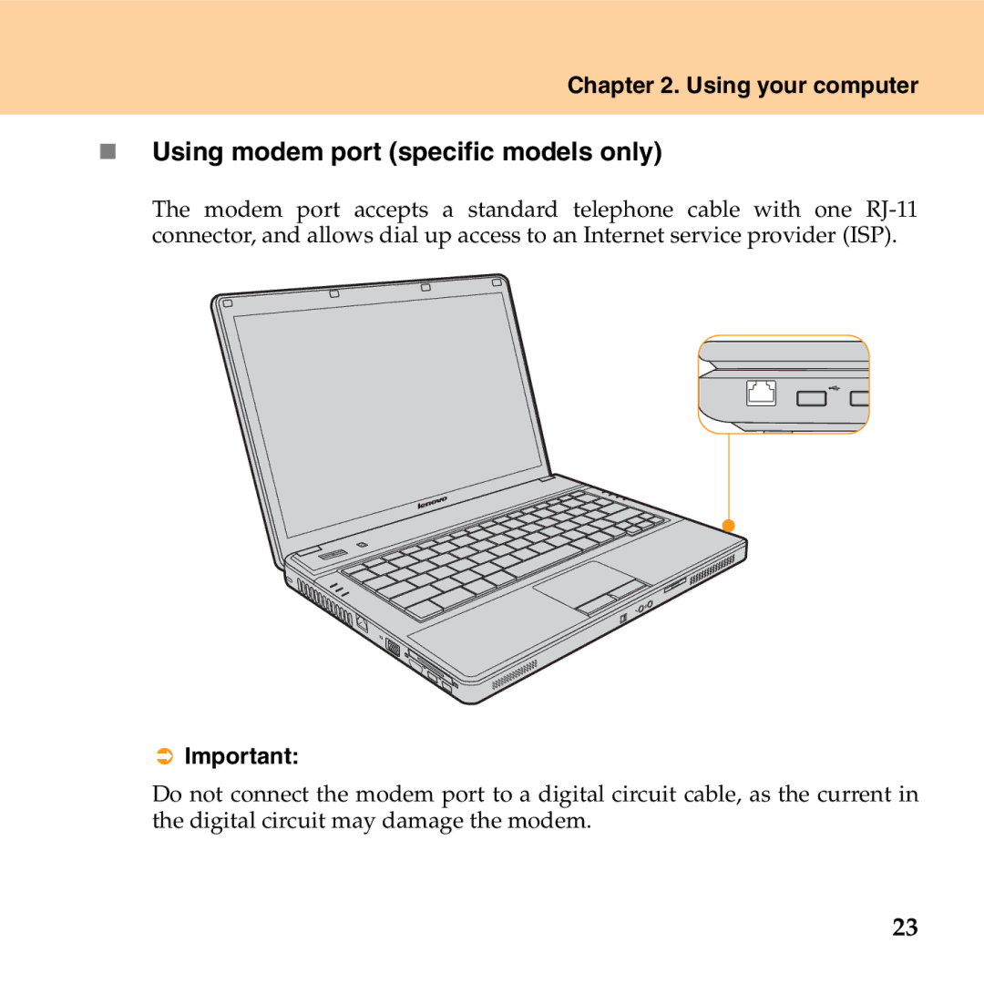 Lenovo G530 manual „ Using modem port specific models only 