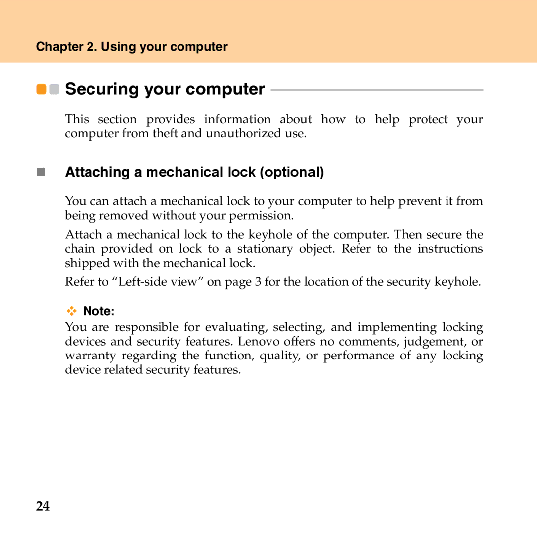 Lenovo G530 manual Securing your computer, „ Attaching a mechanical lock optional 