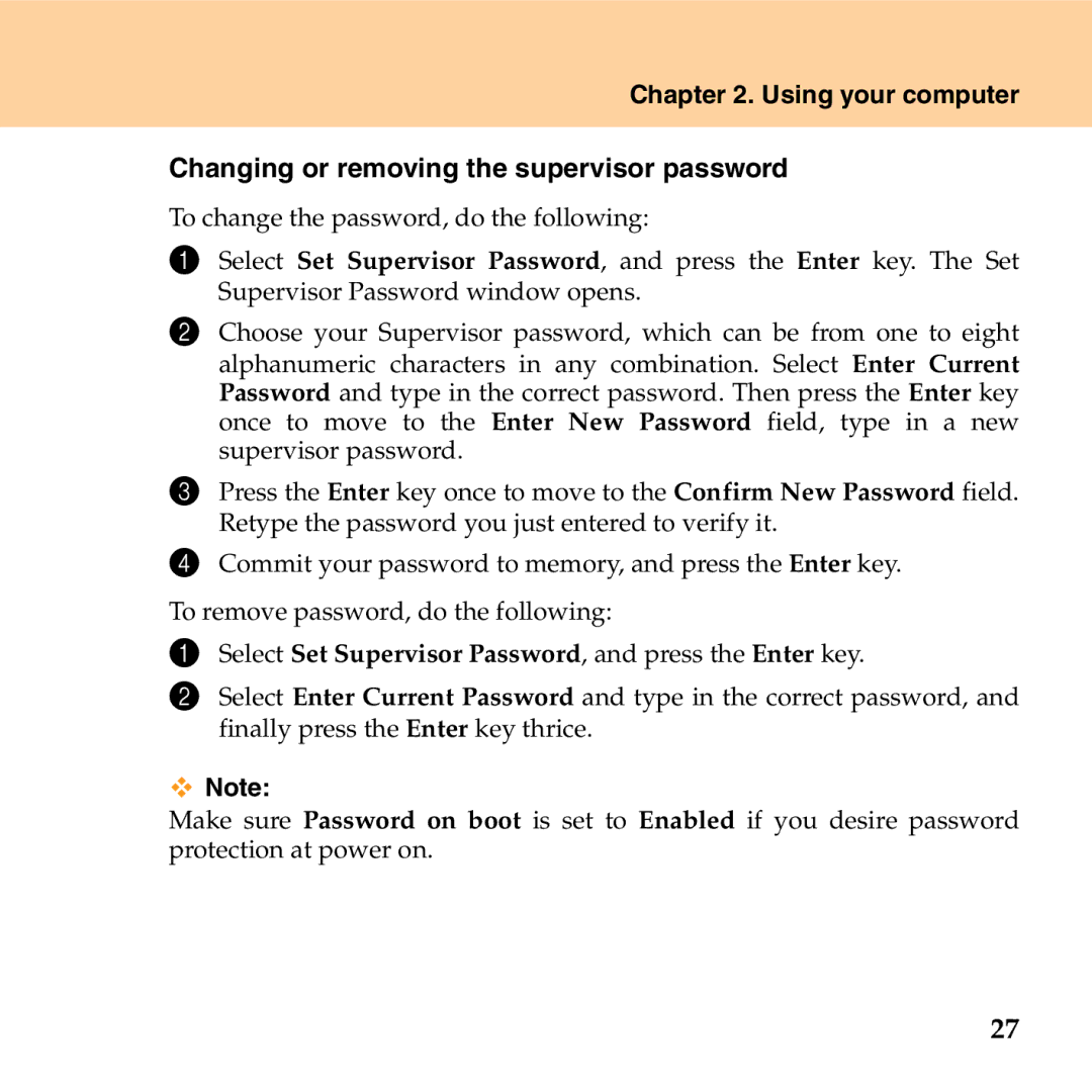 Lenovo G530 manual Select Set Supervisor Password, and press the Enter key 