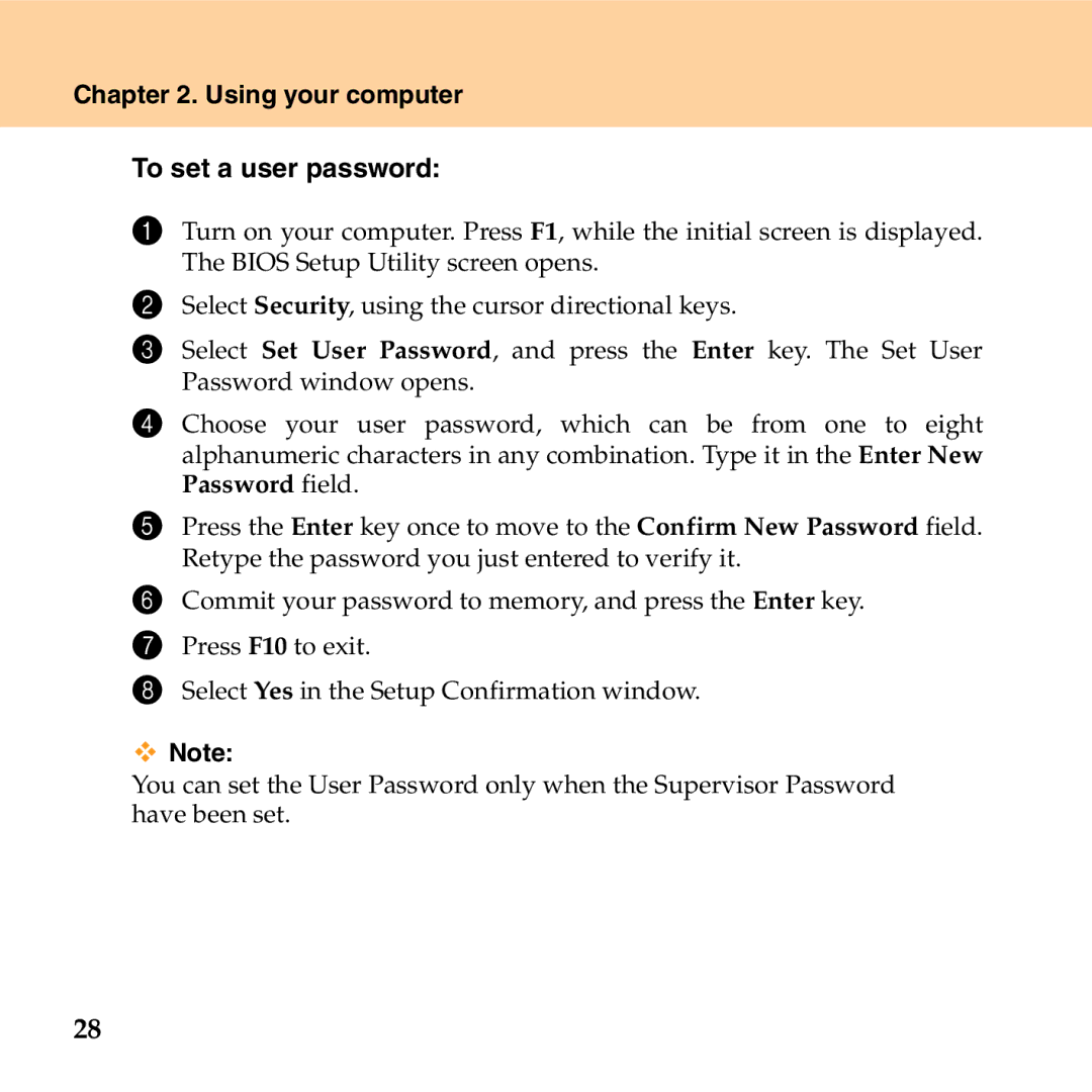 Lenovo G530 manual Using your computer To set a user password 