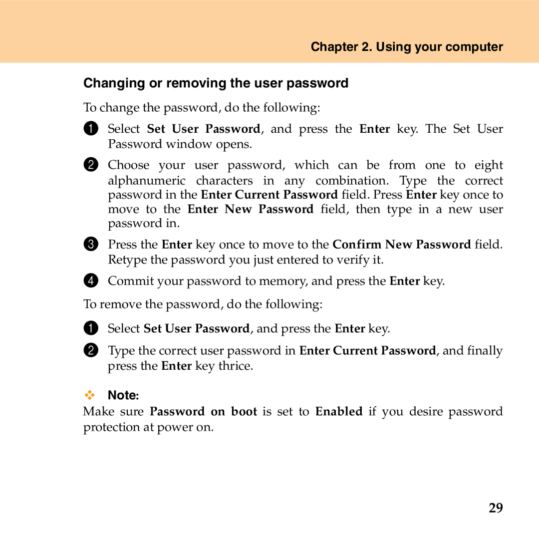 Lenovo G530 manual Using your computer Changing or removing the user password 