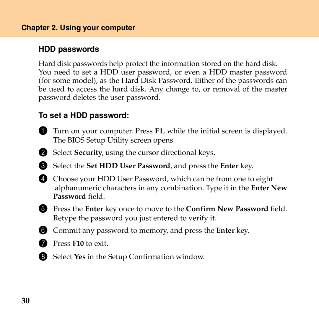 Lenovo G530 manual Using your computer HDD passwords, To set a HDD password 