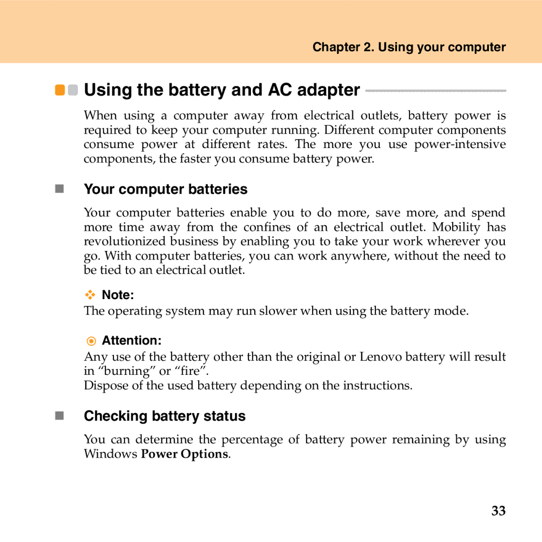 Lenovo G530 manual Using the battery and AC adapter, „ Your computer batteries, „ Checking battery status 