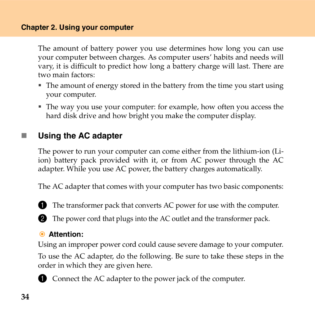 Lenovo G530 manual „ Using the AC adapter 