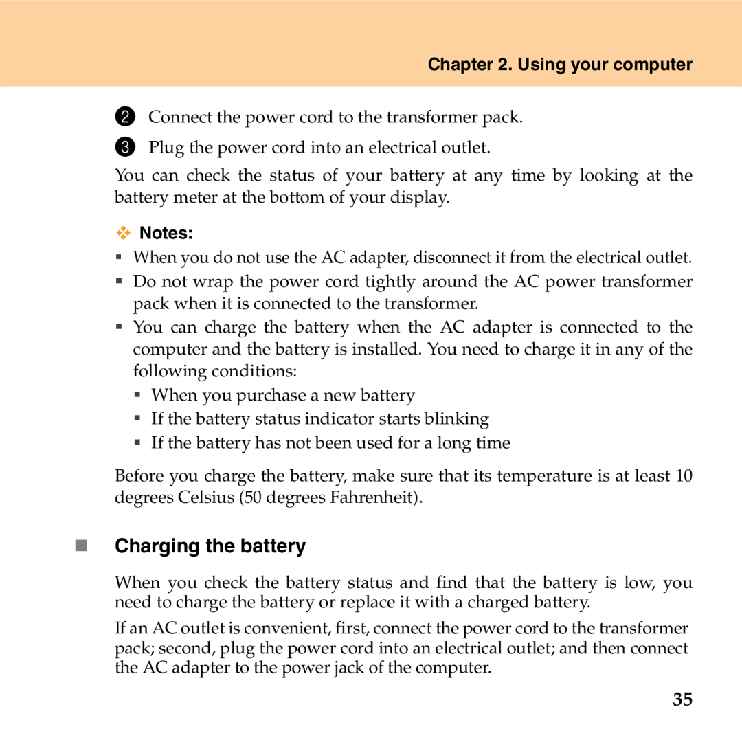 Lenovo G530 manual „ Charging the battery 