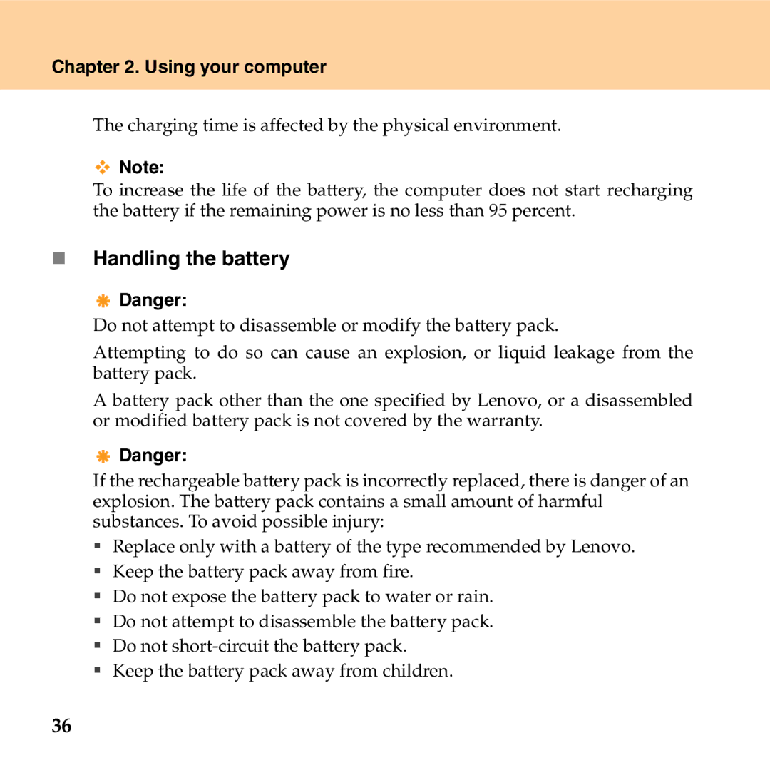 Lenovo G530 manual „ Handling the battery 