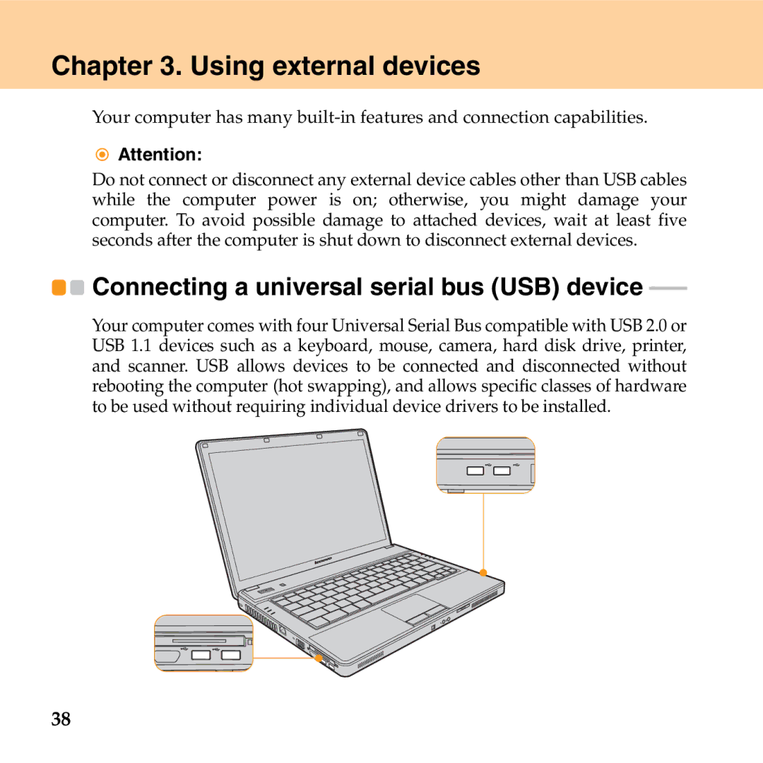 Lenovo G530 manual Using external devices, Connecting a universal serial bus USB device 