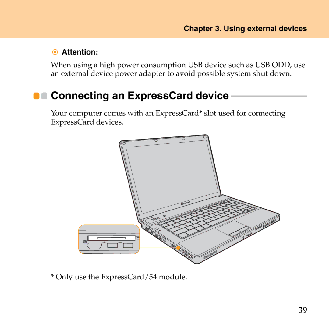 Lenovo G530 manual Connecting an ExpressCard device, Using external devices 