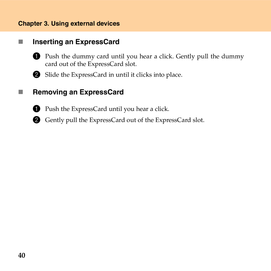 Lenovo G530 manual „ Inserting an ExpressCard, „ Removing an ExpressCard 