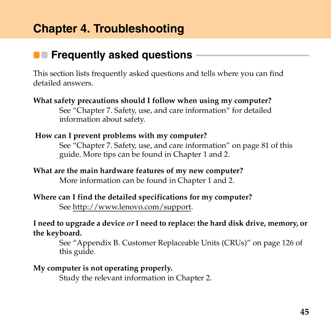 Lenovo G530 manual Troubleshooting, Frequently asked questions 