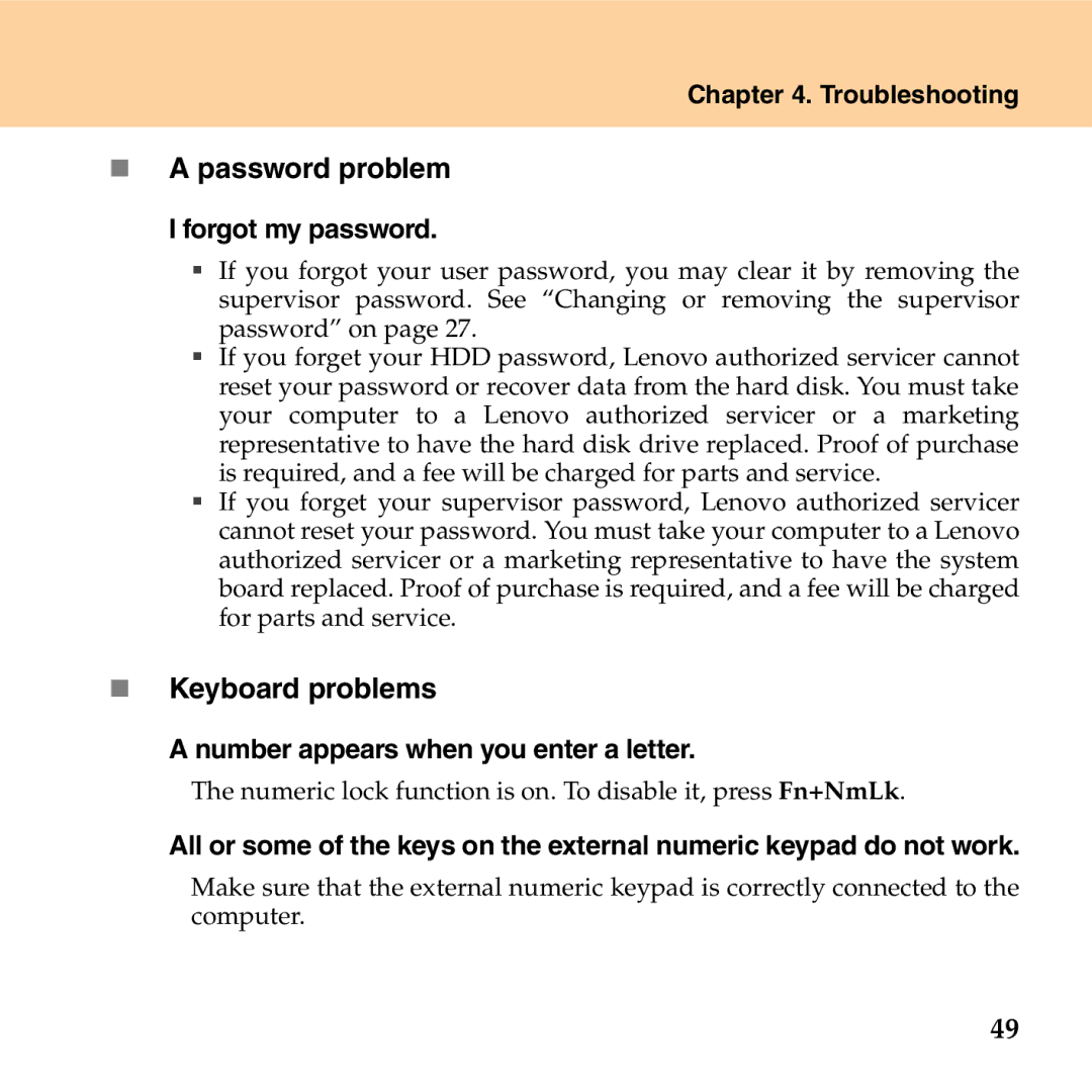 Lenovo G530 manual „ a password problem, „ Keyboard problems, Forgot my password, Number appears when you enter a letter 