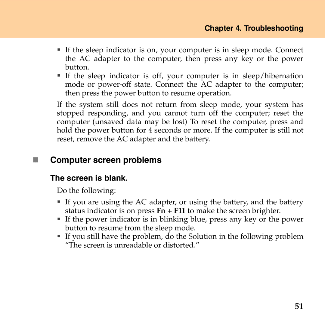 Lenovo G530 manual „ Computer screen problems, Screen is blank 