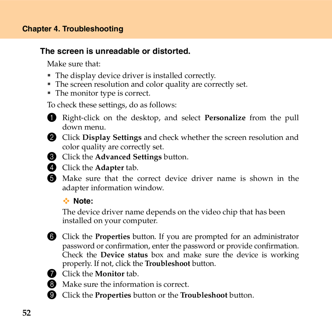 Lenovo G530 manual Troubleshooting Screen is unreadable or distorted, Click the Advanced Settings button 