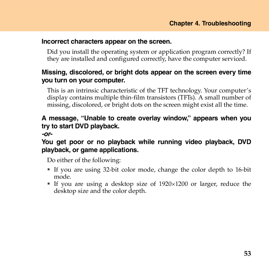 Lenovo G530 manual Troubleshooting Incorrect characters appear on the screen 