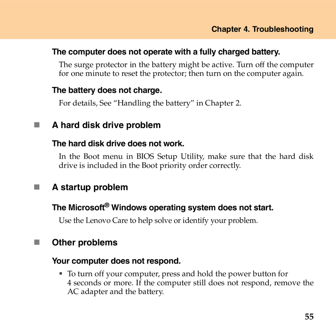 Lenovo G530 manual „ a hard disk drive problem, „ a startup problem, „ Other problems 