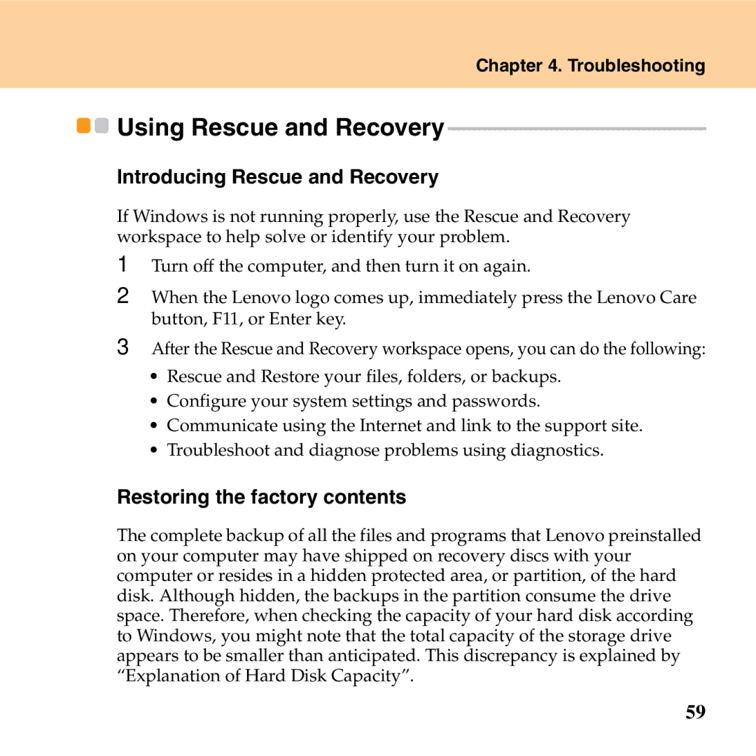 Lenovo G530 manual Using Rescue and Recovery, „ Introducing Rescue and Recovery, „ Restoring the factory contents 