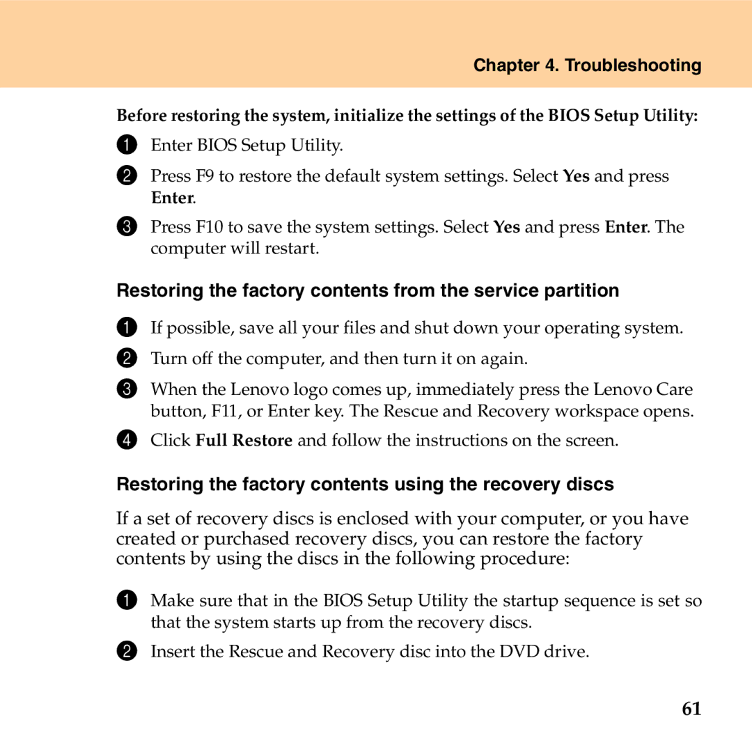 Lenovo G530 manual Restoring the factory contents from the service partition 