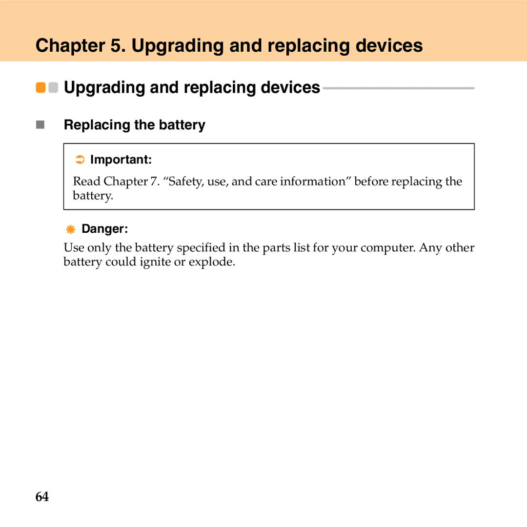 Lenovo G530 manual Upgrading and replacing devices, „ Replacing the battery 