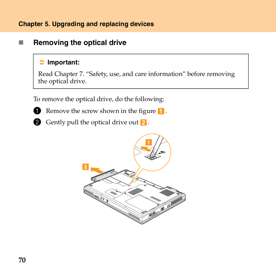 Lenovo G530 manual „ Removing the optical drive 