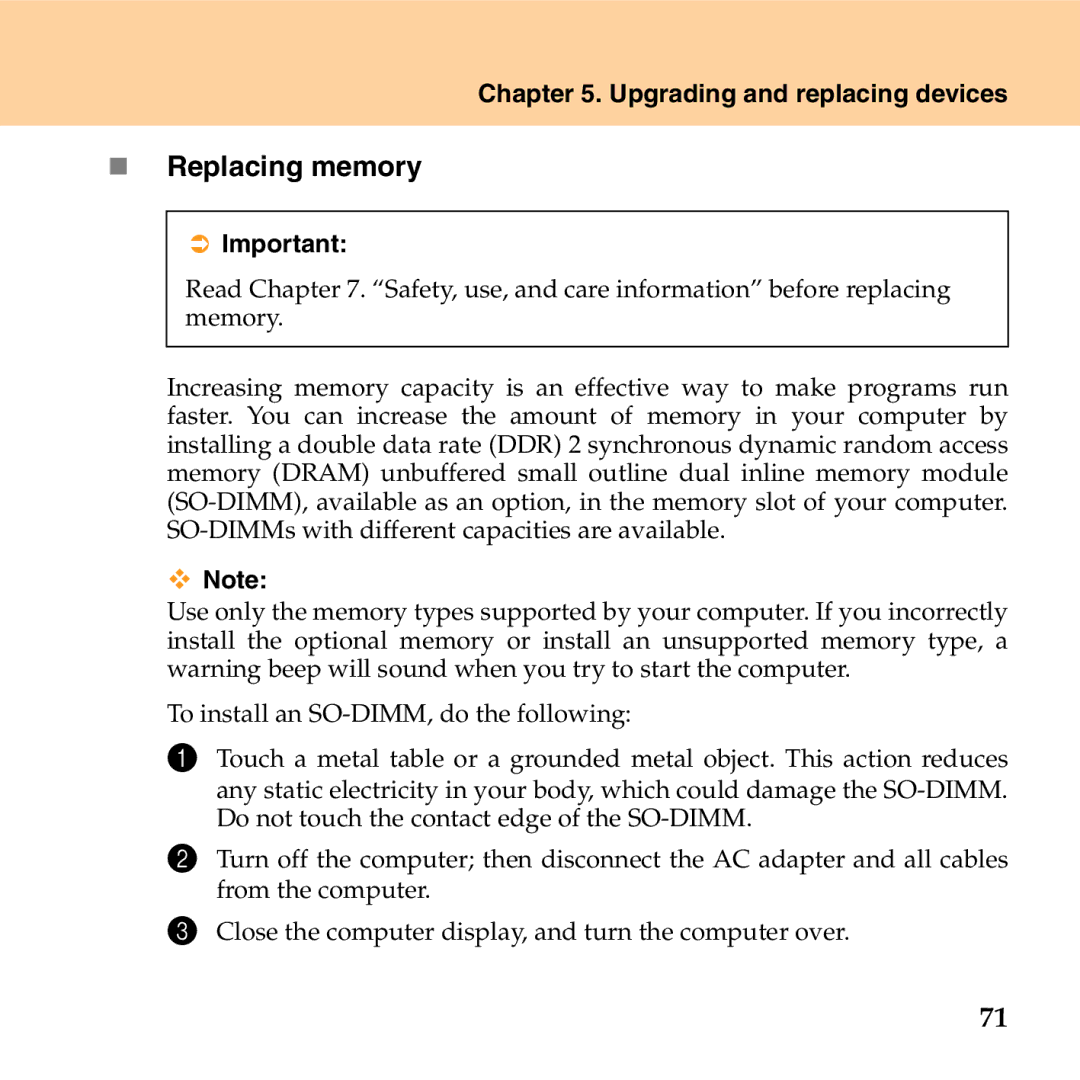 Lenovo G530 manual „ Replacing memory 