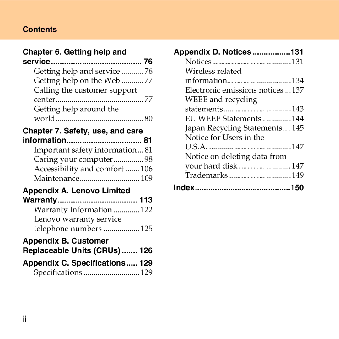 Lenovo G530 Contents Getting help, Safety, use, and care, Appendix A. Lenovo Limited, 113, Appendix B. Customer, 126, 129 