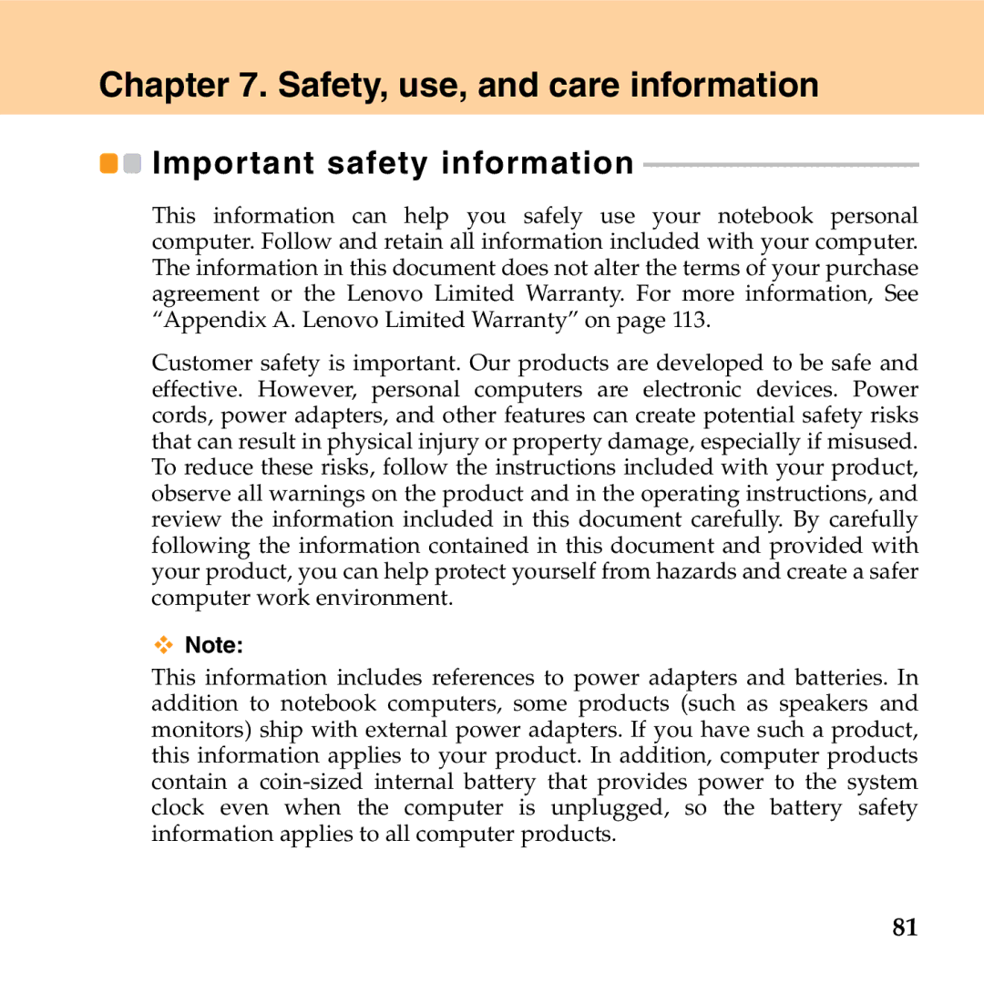 Lenovo G530 manual Safety, use, and care information, Important safety information 