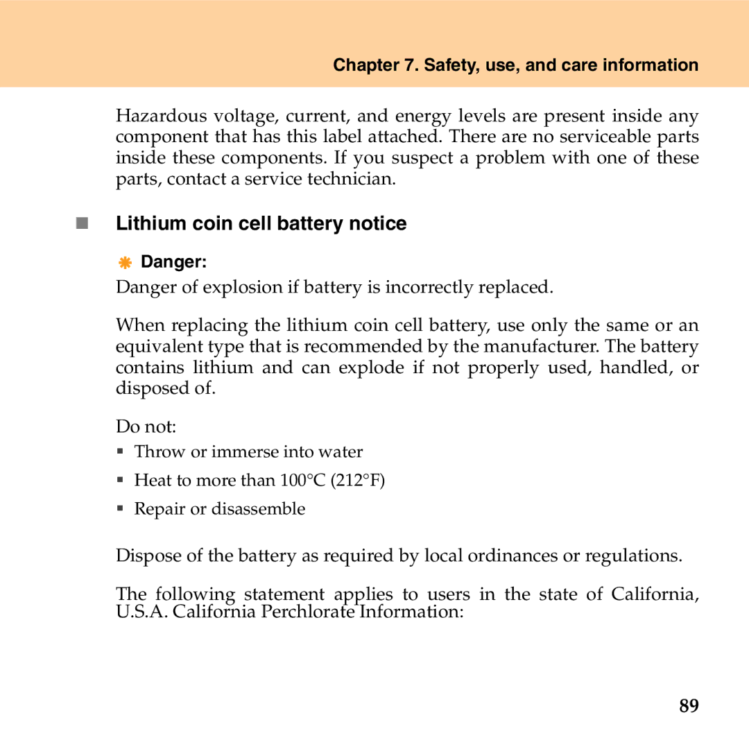 Lenovo G530 manual „ Lithium coin cell battery notice 