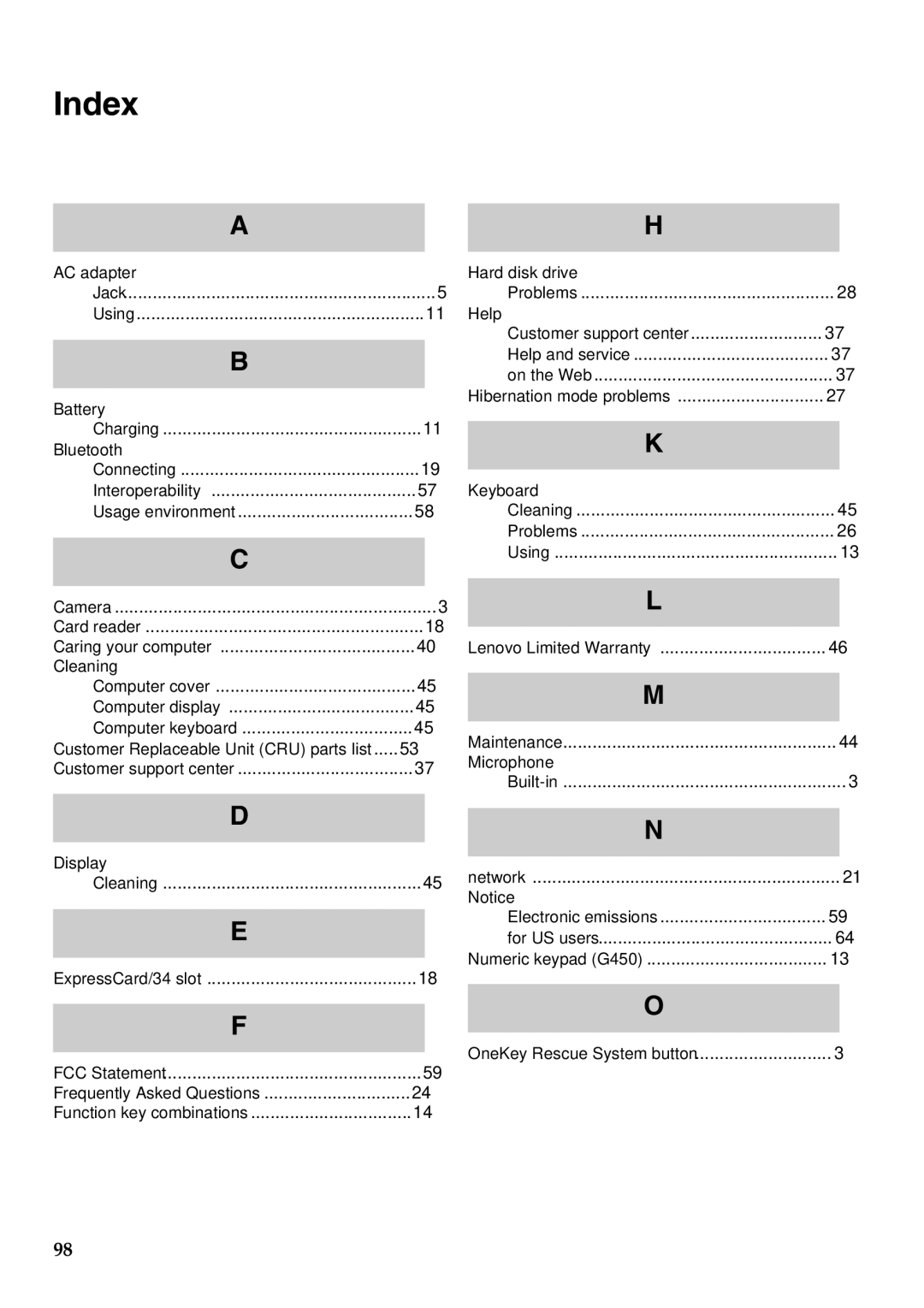 Lenovo G550, 2958XFU manual Index, Electronic emissions For US users 