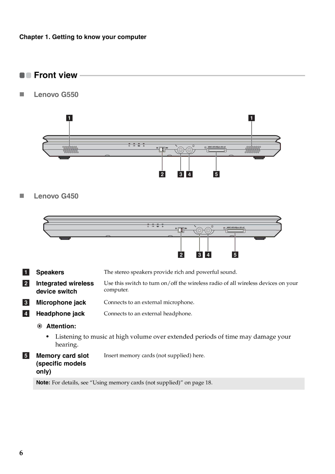 Lenovo 2958XFU manual „ Lenovo G550, Microphone jack Headphone jack 