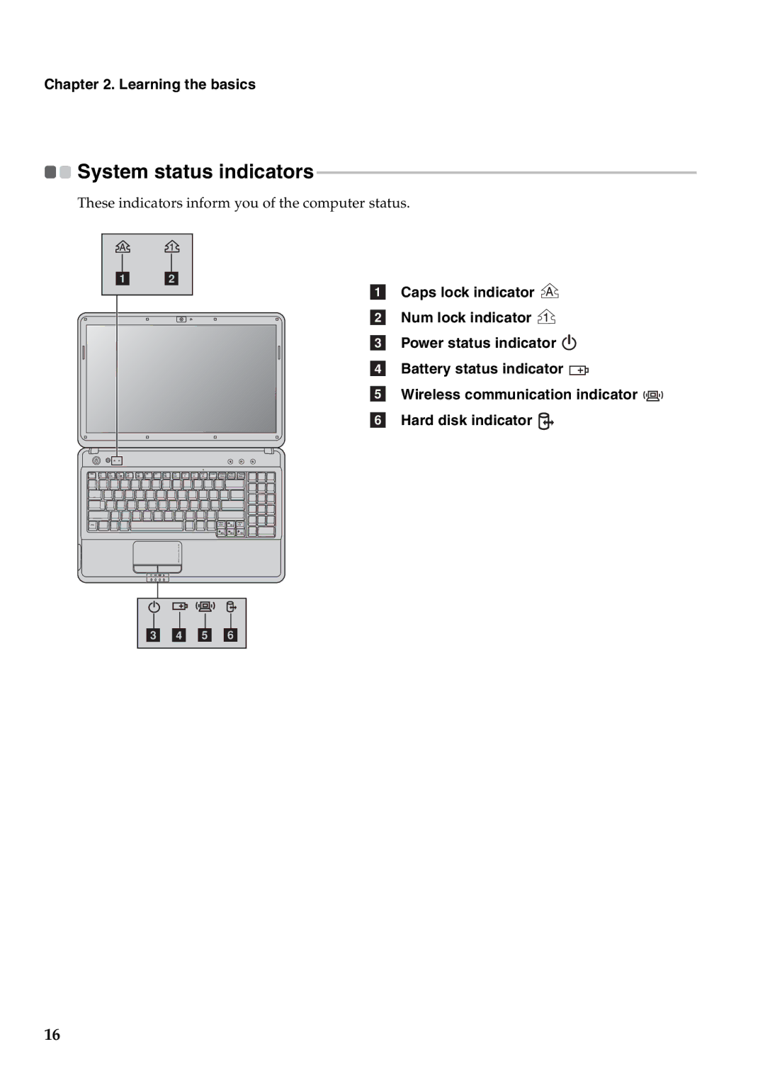 Lenovo G550, 2958XFU manual System status indicators 