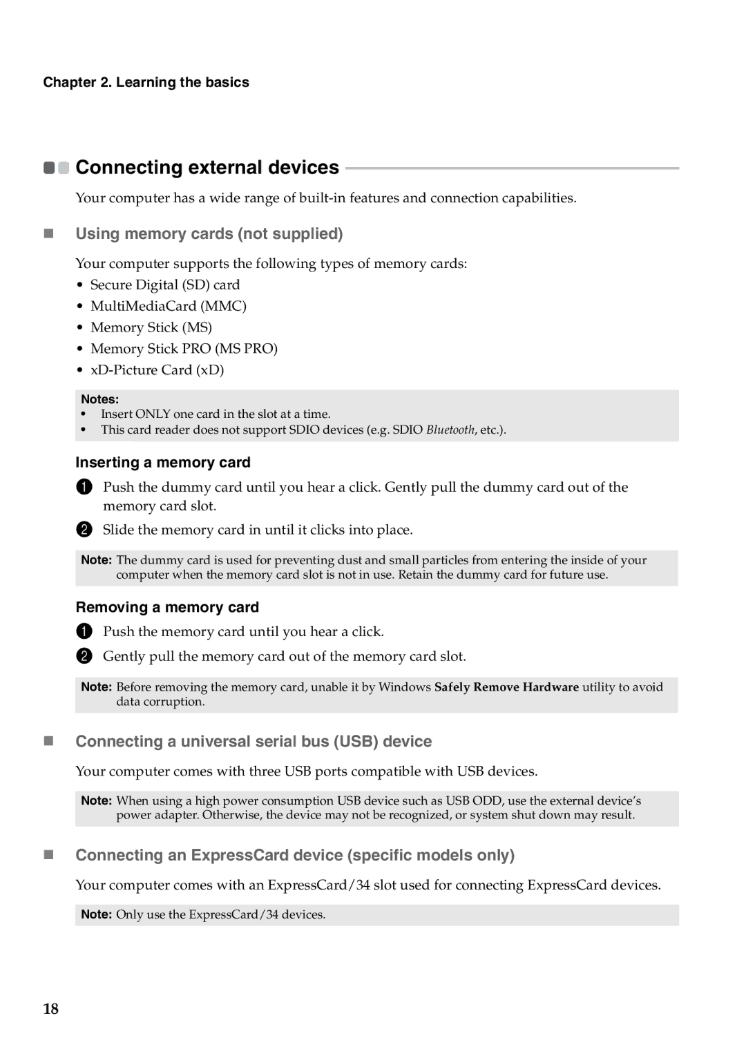 Lenovo G550 „ Using memory cards not supplied, „ Connecting a universal serial bus USB device, Inserting a memory card 