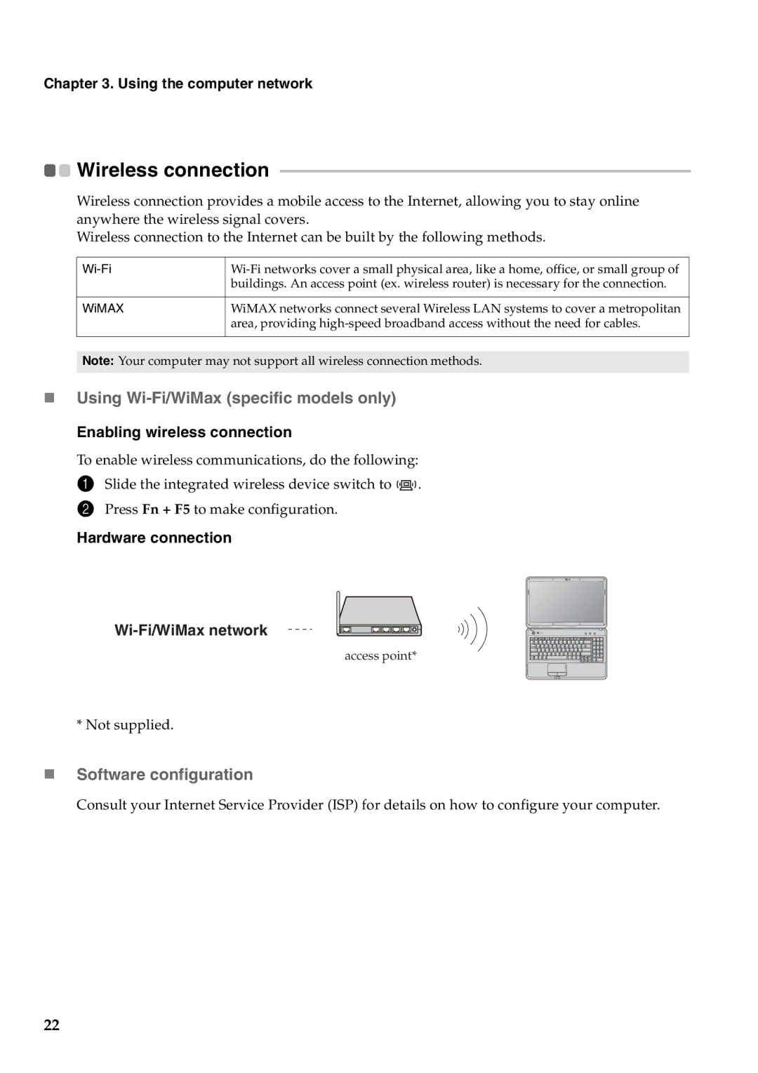 Lenovo G550 Wireless connection, „ Using Wi-Fi/WiMax specific models only, Using the computer network, Hardware connection 