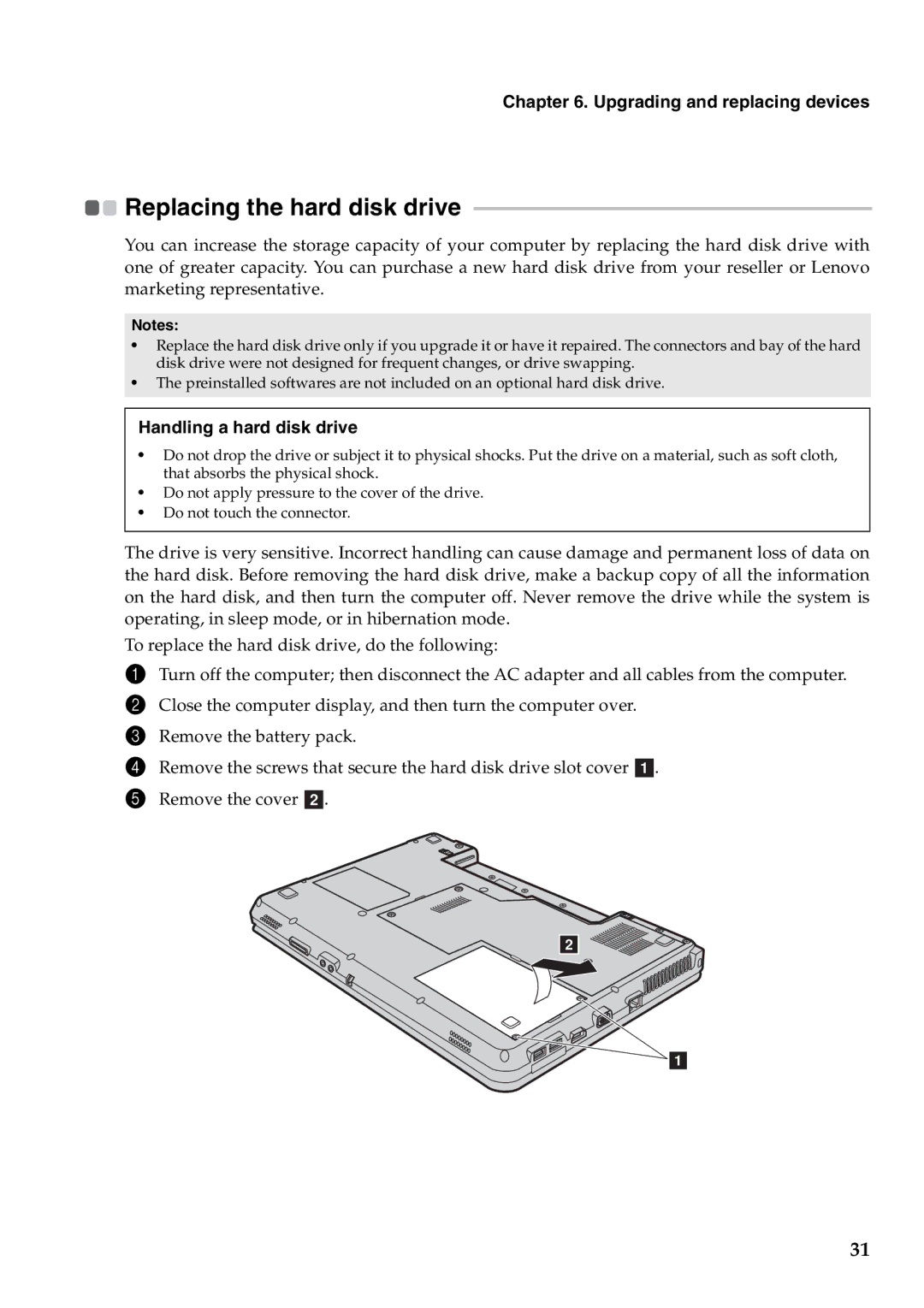 Lenovo 2958XFU, G550 manual Replacing the hard disk drive, Upgrading and replacing devices, Handling a hard disk drive 