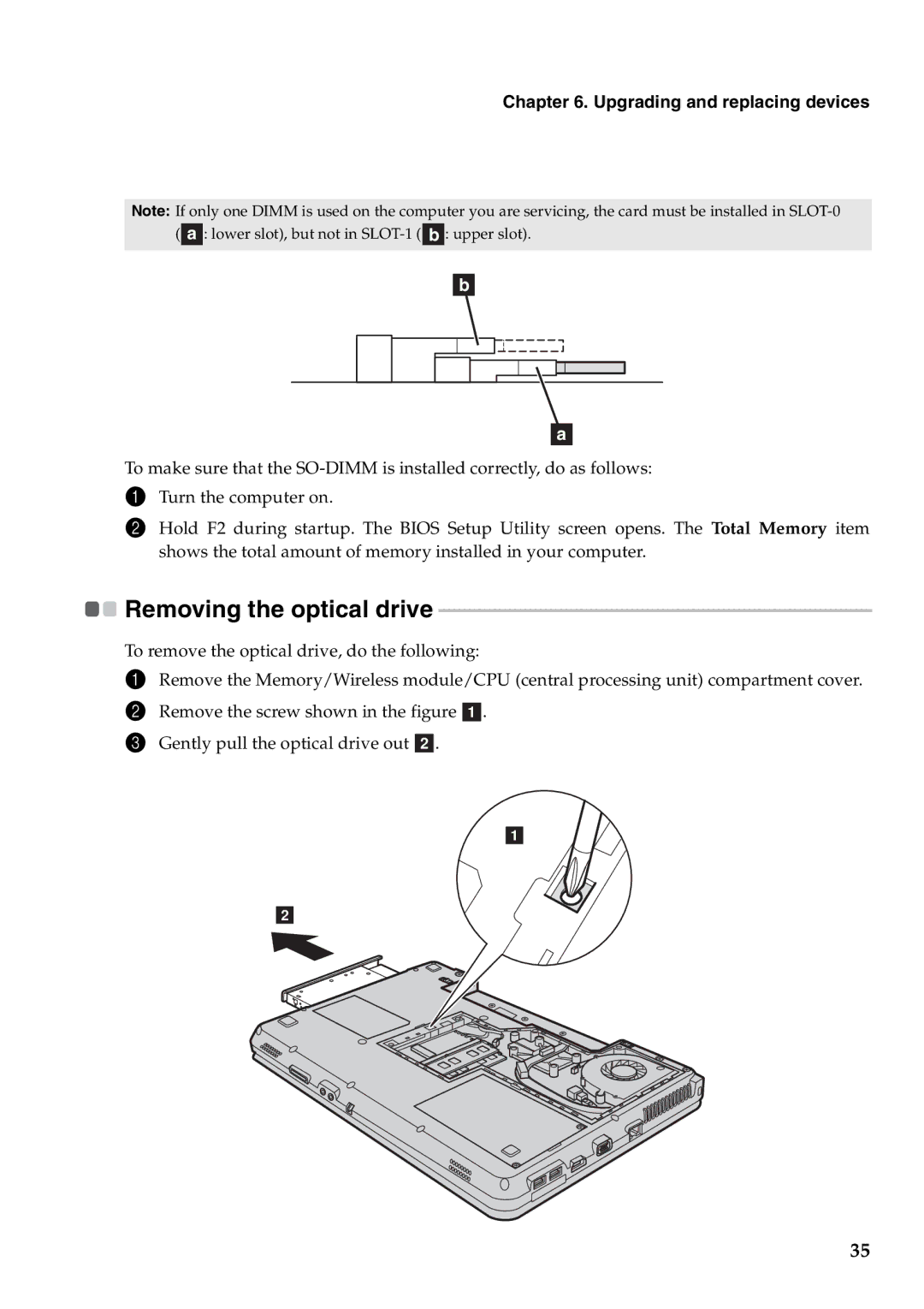 Lenovo 2958XFU, G550 manual Removing the optical drive 