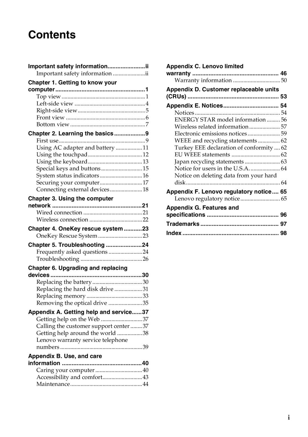 Lenovo 2958XFU, G550 manual Contents 