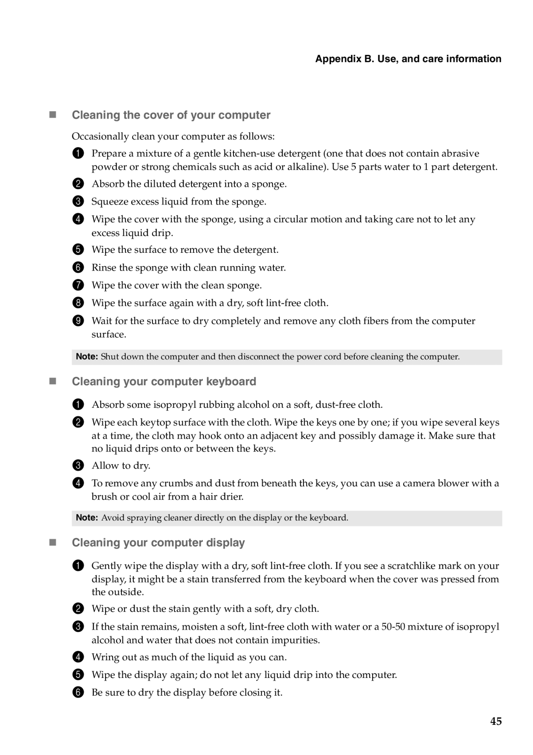 Lenovo 2958XFU „ Cleaning the cover of your computer, „ Cleaning your computer keyboard, „ Cleaning your computer display 