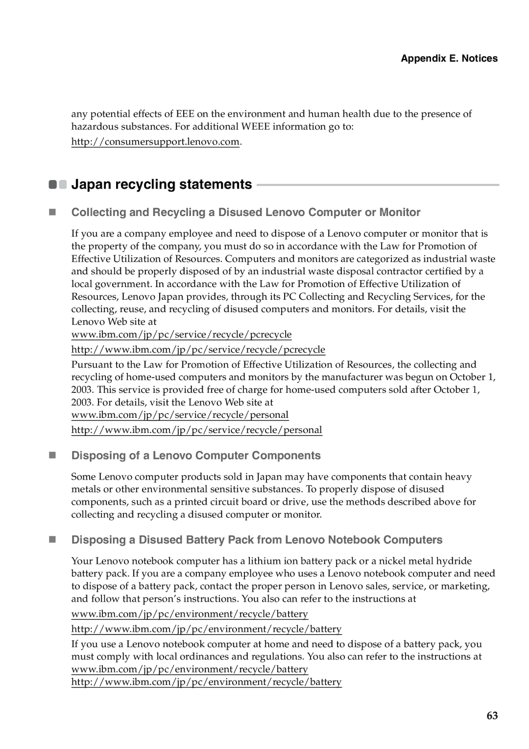 Lenovo 2958XFU, G550 manual Japan recycling statements, „ Disposing of a Lenovo Computer Components 