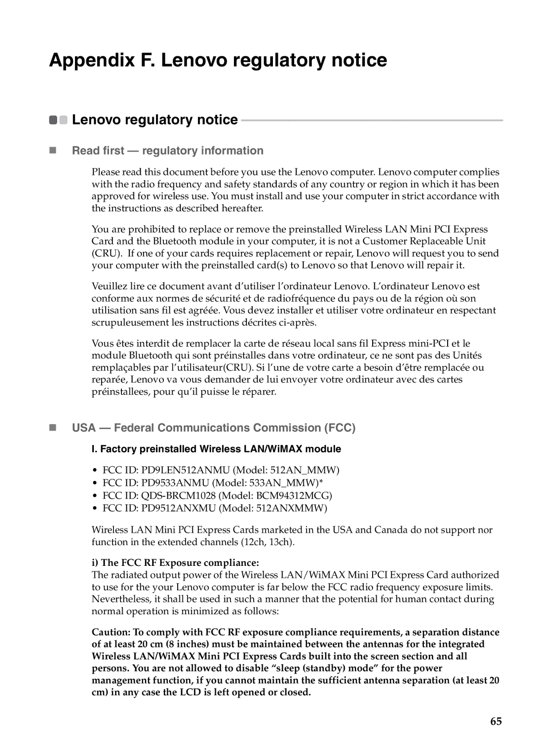 Lenovo 2958XFU, G550 Appendix F. Lenovo regulatory notice, „ Read first regulatory information, FCC RF Exposure compliance 