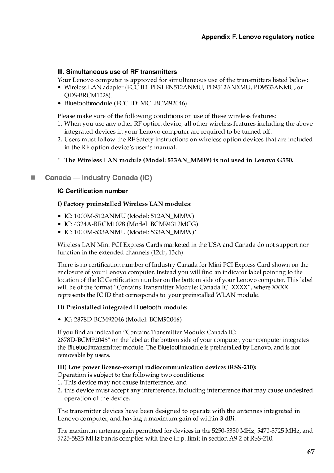 Lenovo 2958XFU, G550 manual „ Canada Industry Canada IC, IC Certification number, Factory preinstalled Wireless LAN modules 