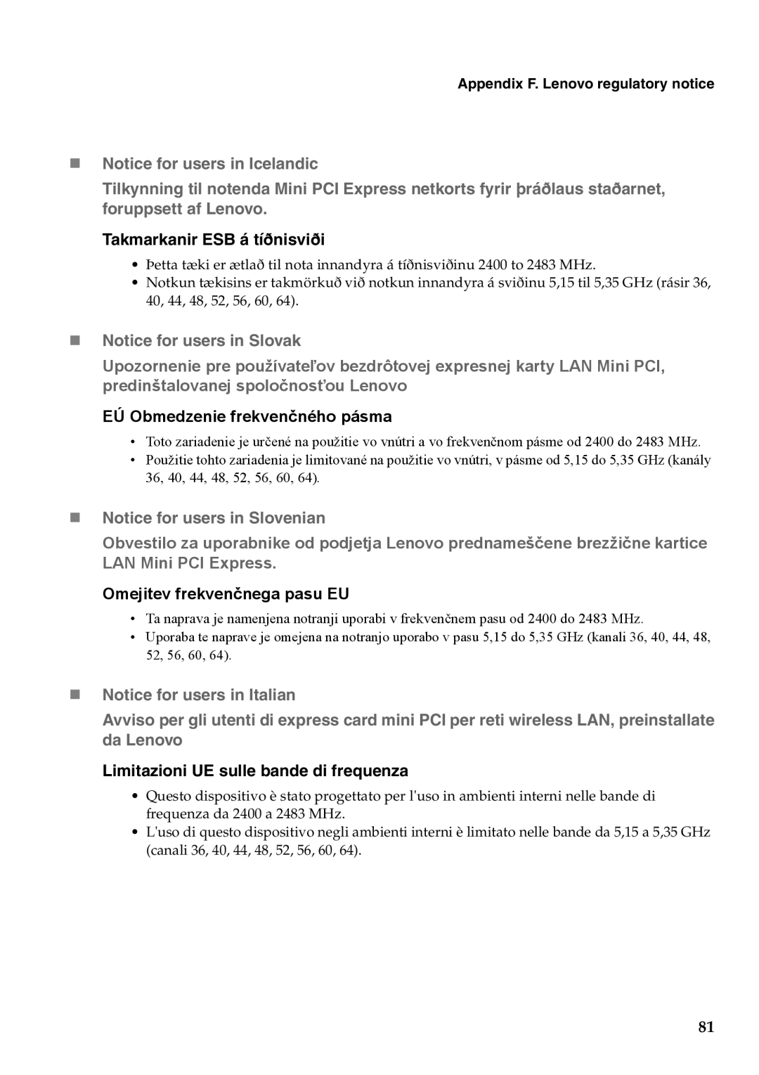 Lenovo 2958XFU, G550 manual Takmarkanir ESB á tíðnisviði 