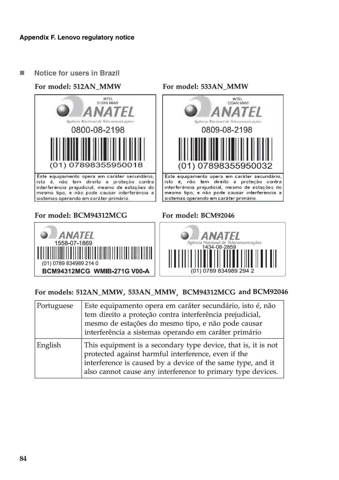 Lenovo G550, 2958XFU manual „ Notice for users in Brazil 