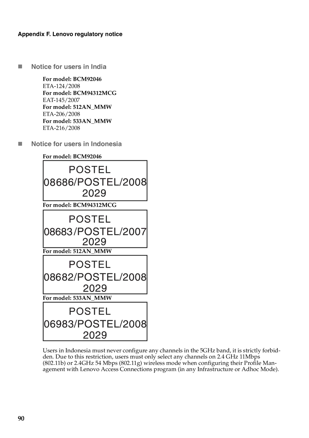 Lenovo G550, 2958XFU manual „ Notice for users in India, „ Notice for users in Indonesia 