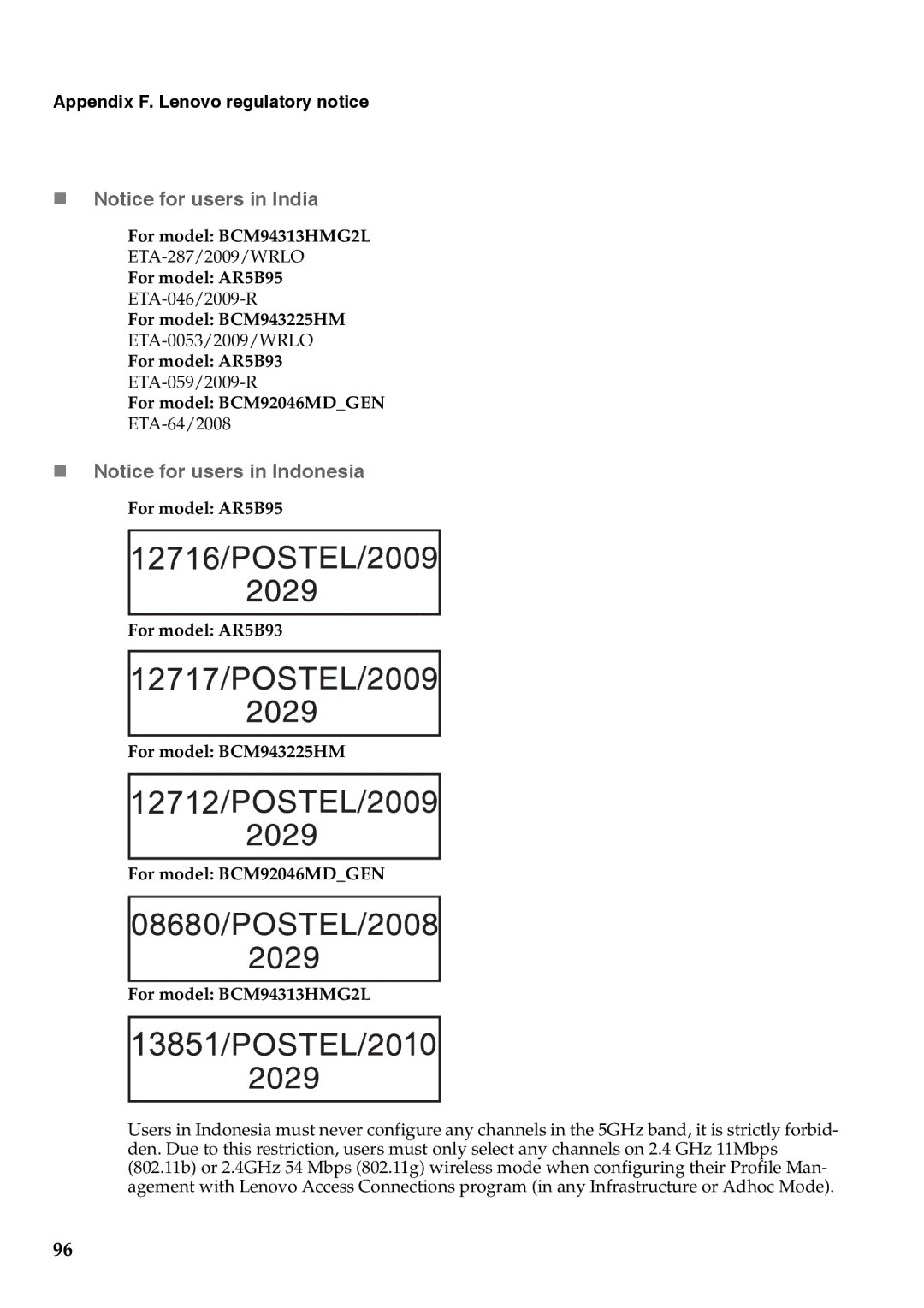 Lenovo G555, G455 manual „ Notice for users in India, „ Notice for users in Indonesia 