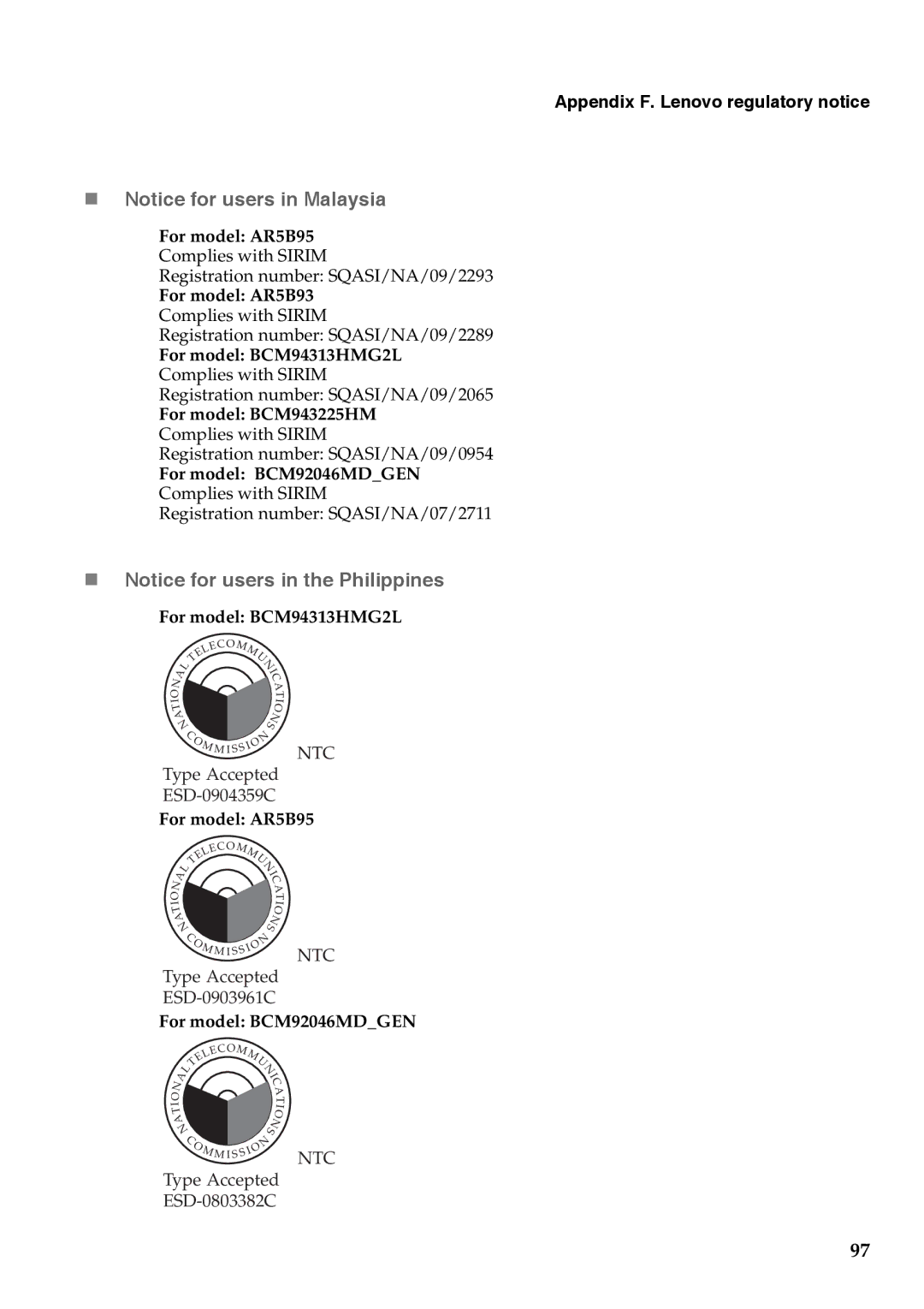 Lenovo G455, G555 manual „ Notice for users in Malaysia, „ Notice for users in the Philippines 