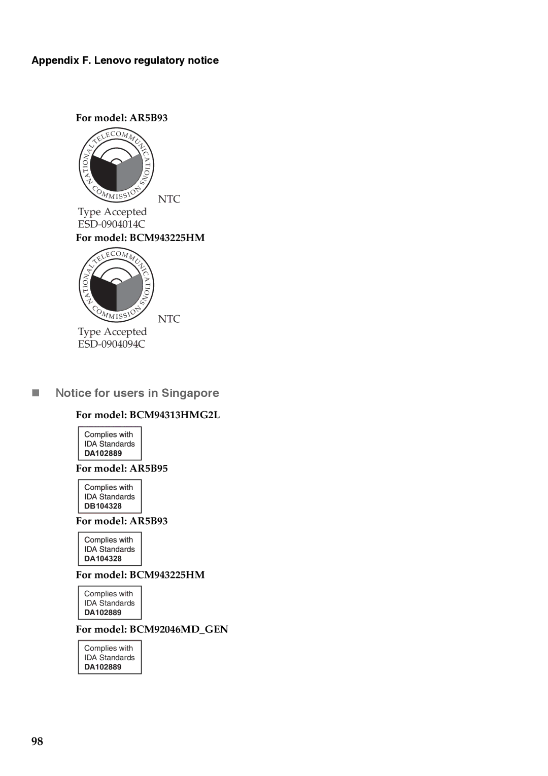 Lenovo G555, G455 manual „ Notice for users in Singapore, For model BCM94313HMG2L For model AR5B95 