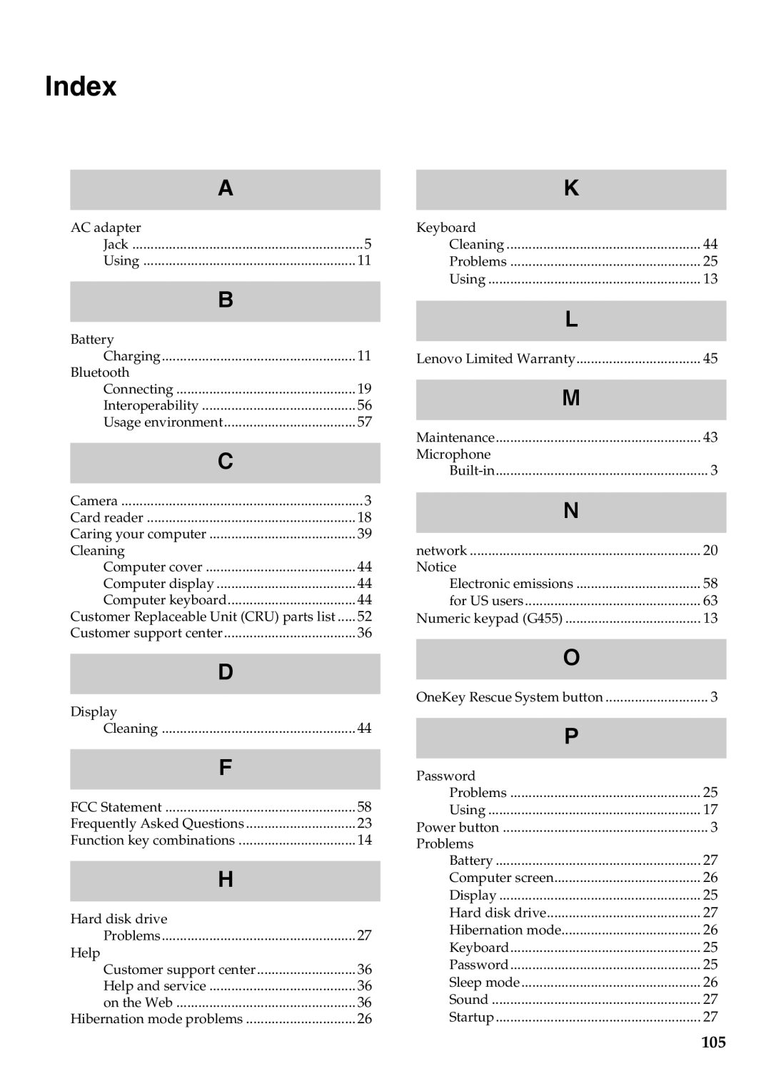 Lenovo G455, G555 manual Index, 105 