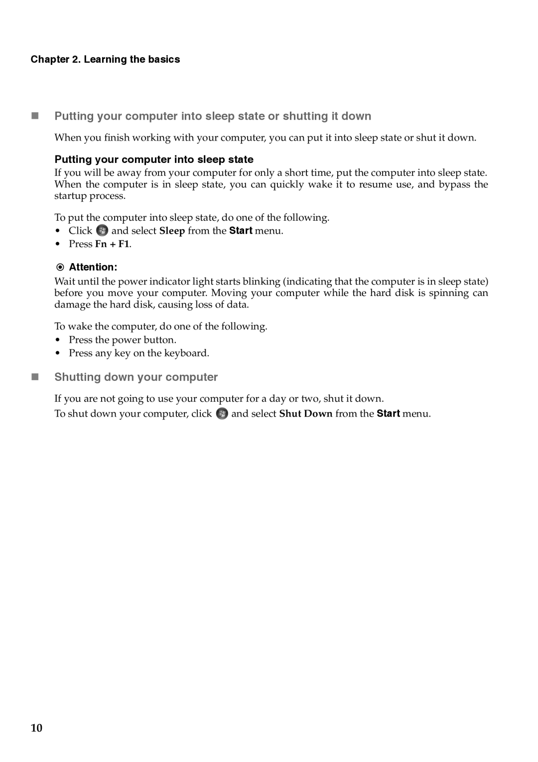 Lenovo G555, G455 manual „ Shutting down your computer, Learning the basics, Putting your computer into sleep state 