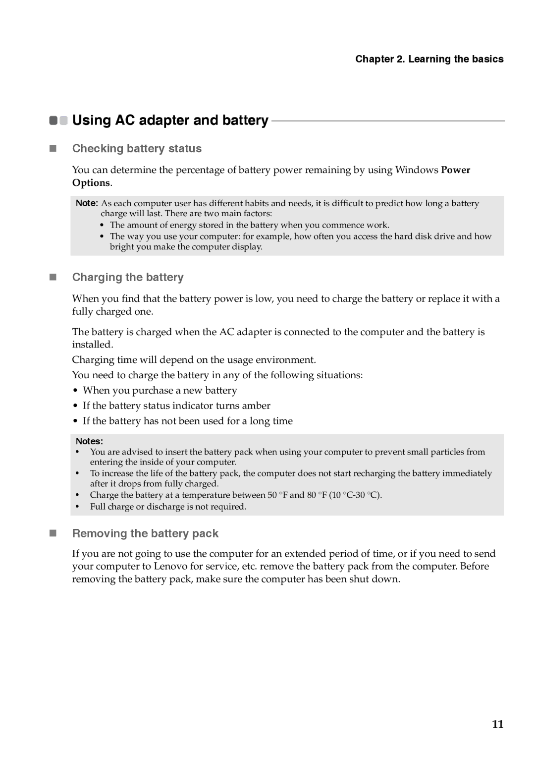 Lenovo G455 Using AC adapter and battery, „ Checking battery status, „ Charging the battery, „ Removing the battery pack 