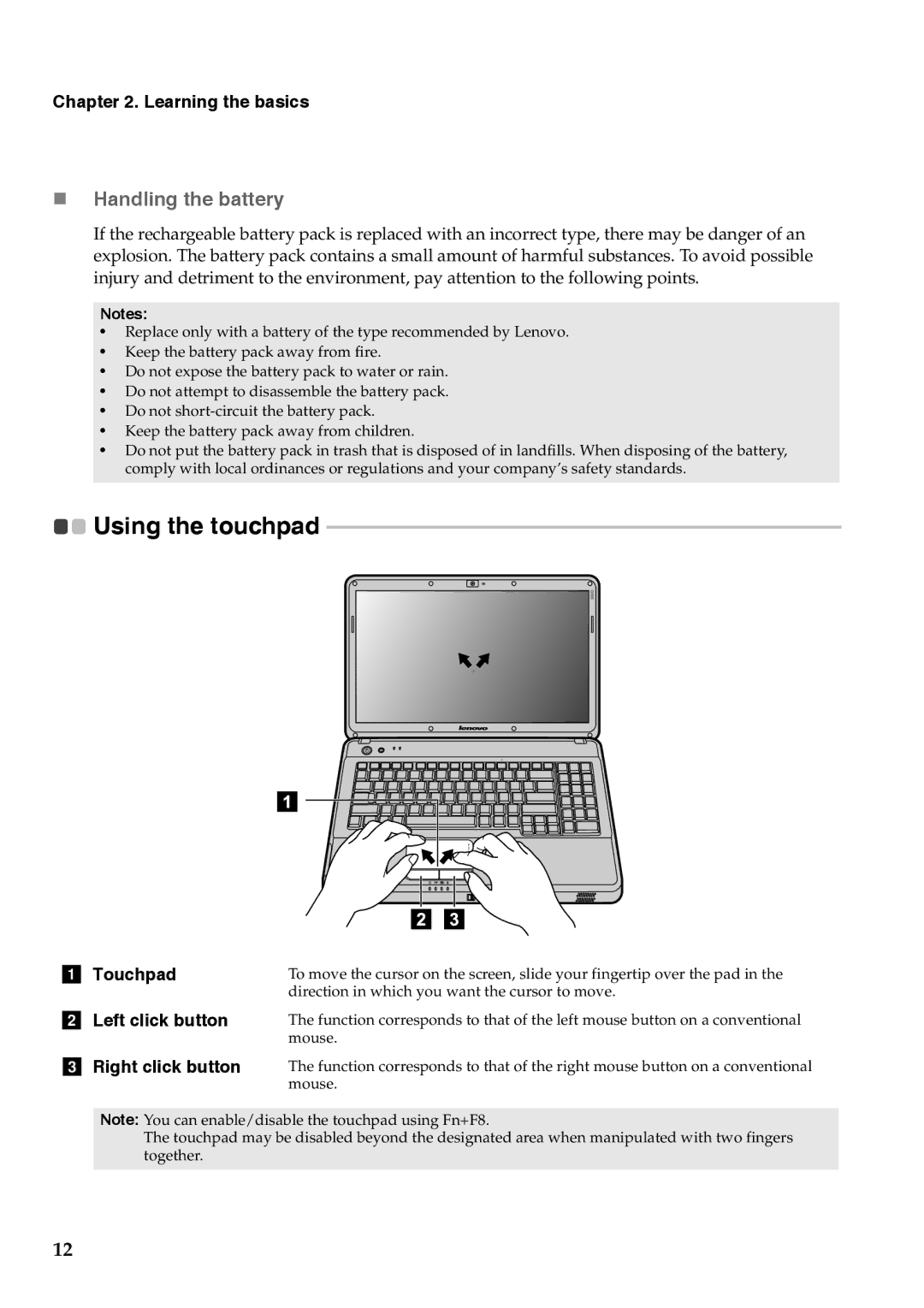 Lenovo G555, G455 manual „ Handling the battery, Left click button 